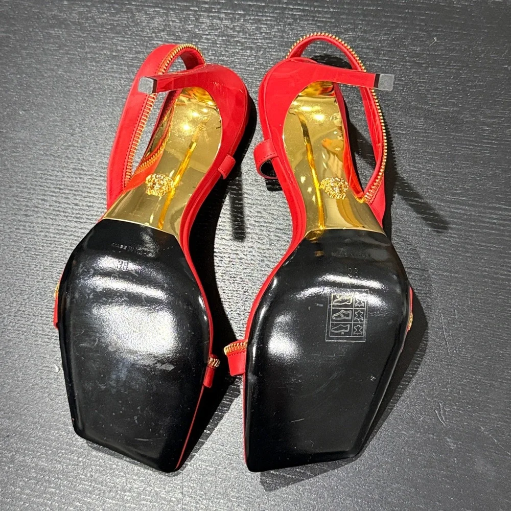 Versace Red Leather Zip Detail Heels | Size 38 | Gold Hardware - Picture 11 of 13